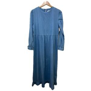 Benin Denim Maxi Dress Long Sleeve Ruffle Hem Casual Light Wash‎ Size 8